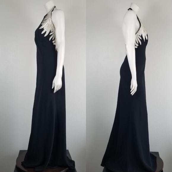 Carmen Marc Valvo Luxury Embroidered Wings Black Halter Maxi Gown Size 14 - Picture 3 of 12